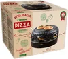 The image shows the packaging of a Bestron pizza oven. The packaging is mostly brown with illustrations and text related to pizza and Italian cuisine. A picture of the pizza oven itself is prominently displayed on the front of the box. Produktbild-Vorschau