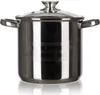 A stainless steel pot with a lid and handles, shown on a white background. Voir les images du produit