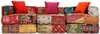 A three-seater modular pouf with a patchwork fabric design, featuring colorful patterns and three throw pillows. Náhľad obrázku produktu