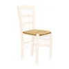 A white wooden chair with a woven seat. Produktbild-Vorschau