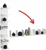 A white vertical shelf unit and a white horizontal shelf unit are displayed against a white background, with decorative items and books on them. A red arrow points from the top shelf of the vertical unit to the horizontal unit. Náhľad obrázku produktu