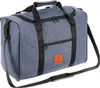 A blue duffel bag with black straps and zippers, and an orange logo patch.