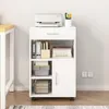 A white storage cabinet with a printer on top, placed next to a desk. Produktbild-Vorschau