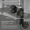 A close-up marketing image of a black heating element with a digital display and control buttons, with overlaid text and diagrams explaining its features. Náhled obrázku produktu