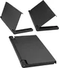 Three views of a black adjustable shelf for a computer monitor or TV. Produktbild-Vorschau