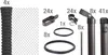 A collection of fence components, including rolls of wire mesh, various metal connectors, and fence posts, arranged on a white background. Produktbild-Vorschau
