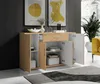 A sideboard cabinet with its doors open, displaying shelves and storage compartments. It is placed in a living room setting with artwork on the wall and a rug on the floor. Produktbild-Vorschau