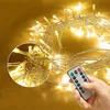A hand holding a remote control for a string of warm white LED lights. Produktbild-Vorschau
