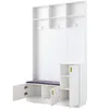 A white entryway storage unit with a bench and cabinets. Produktbild-Vorschau