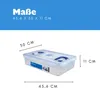 A clear plastic storage box with blue handles and lid, with dimensions indicated by lines and text. Produktbild-Vorschau