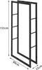 A black metal firewood rack with dimensions indicated by text. Produktbild-Vorschau