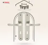 A product image featuring two silver door handles with a decorative arch and text overlay. Produktbild-Vorschau