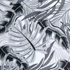 A close-up of a fabric pattern featuring tropical leaves in black, white, and gray. Produktbild-Vorschau