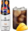 A bottle of SodaStream Pepsi Max Mango flavor concentrate and a glass of cola with ice and mango slices. Produktbild-Vorschau