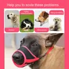 A collage of dog images illustrating problems that a dog muzzle can solve, with a large image of a dog wearing a muzzle at the bottom. Podgląd zdjęcia produktu