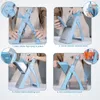 Four images showing the steps to assemble and use a blue vegetable slicer. Voir les images du produit
