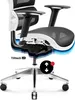 Close-up view of the base and seat mechanism of a modern ergonomic office chair, highlighting adjustable features. Voir les images du produit