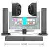 A collage of a soundbar, two tower speakers, and a computer monitor displaying a media interface. Produktbild-Vorschau