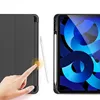 A split image showing a black tablet case on the left and a tablet with a blue abstract wallpaper on the right, with a stylus next to the case. Produktbild-Vorschau