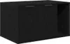 A black wooden cabinet with two doors and an open shelf on the right side. Produktbild-Vorschau
