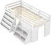 A white loft bed with integrated shelves and stairs, shown from a diagonal angle against a white background. Voir les images du produit