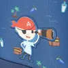 A cartoon pirate character is depicted on a blue textured background, holding a spyglass and looking out to sea. There are also images of treasure chests, palm trees, and parrots. Produktbild-Vorschau