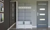 A hallway with a modern furniture set including a mirrored cabinet, a padded coat rack with hooks, two shoe cabinets, and a door. Náhľad obrázku produktu