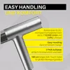 A close-up marketing image of a silver hairdryer with text overlays highlighting its features. Produktbild-Vorschau