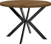 A round wooden dining table with a black metal base. Produktbild-Vorschau