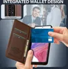 A person is inserting a credit card into a brown leather wallet phone case, with a close-up of the phone's camera lens protection and card slots. Produktbild-Vorschau