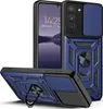 A blue armor phone case with a kickstand and camera cover is displayed with a phone inside. Produktbild-Vorschau