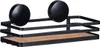 A black metal shelf with a wood-look bottom, mounted on a white background. Produktbild-Vorschau