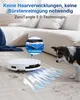 A white robot vacuum cleaner is shown on a carpeted floor, with a dog looking at it. Text overlays highlight its features. Produktbild-Vorschau