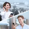 A split image showing two people using wireless earbuds and smartphones in different outdoor settings. Náhled obrázku produktu