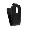 A black leather flip case for a smartphone, shown from the side with the flap open. Náhľad obrázku produktu