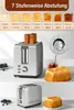 A collage showing a toaster with bread, a dial for browning levels, and examples of toast at different browning stages. Produktbild-Vorschau