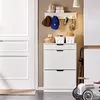 An entryway with a white shoe cabinet, a shelf with hats and keys, and a white toy car. Anteprima dell’immagine prodotto