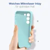 A hand holding a light blue phone case against a white background. Produktbild-Vorschau