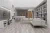 A modern living room with a large TV mounted on a wall unit, a sectional sofa, and a floor-to-ceiling bookshelf. Anteprima dell’immagine prodotto