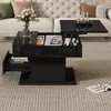 A modern black lift-top coffee table with storage is placed in a living room setting, next to a tufted sofa. Produktbild-Vorschau