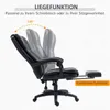 A black office chair with an extended footrest, tilted back to demonstrate its recline feature. Text overlays indicate its 'liegefunktion' (recline function) and a 135-degree angle. Podgląd zdjęcia produktu