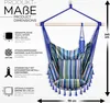 A colorful striped hanging chair with dimensions and features listed. Náhľad obrázku produktu