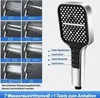 A shower head is shown with multiple diagrams illustrating different spray patterns and modes, alongside text describing its features. Produktbild-Vorschau