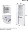 Product dimensions and details of a white display cabinet with multiple close-up views. Produktbild-Vorschau