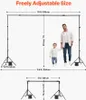 A diagram showing the adjustable size of a photography background stand, with measurements and two figures to illustrate scale. Náhľad obrázku produktu