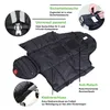 A black footmuff for a stroller, shown laid out flat with various features highlighted by text overlays. Produktbild-Vorschau