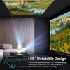 A projector is shown in a living room setting, projecting an image onto a wall and the ceiling. Produktbild-Vorschau