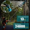 A person in protective gear uses a long pole chainsaw to trim a tree in a forest setting. Podgląd zdjęcia produktu