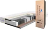 A cross-section of a mattress showing its internal layers, with its packaging box to the right. Produktbild-Vorschau