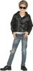 A young boy wearing a black leather jacket, sunglasses, and ripped jeans, posing against a white background. Produktbild-Vorschau